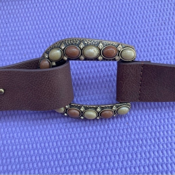 Chico's Brown adjustable belt brass buckle with tan/brown stones SZ M/L … - Picture 1 of 11